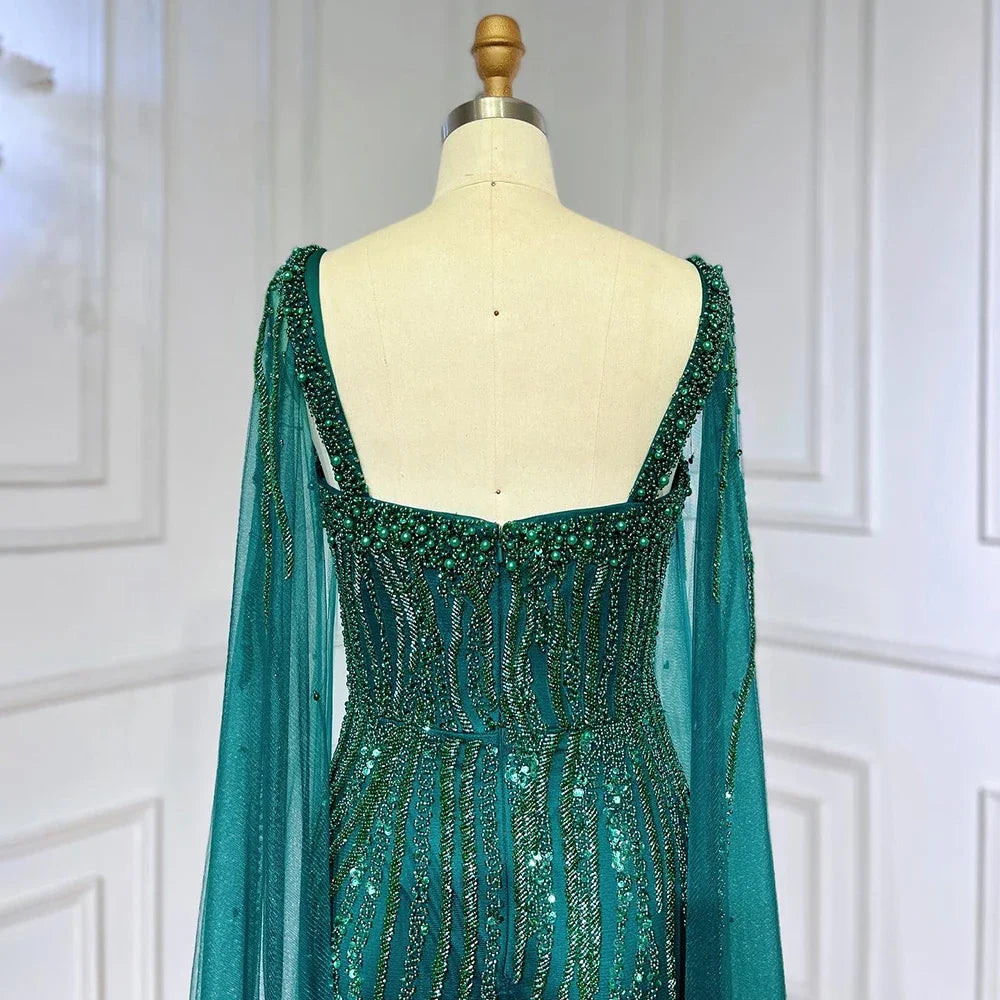 Blue Mermaid Beaded Evening Dress with Cape Sleeves Custom Wedding Gown