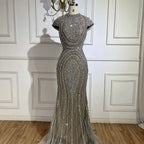 Custom Gray Beaded Mermaid Luxury Evening Gown With Cap Sleeves