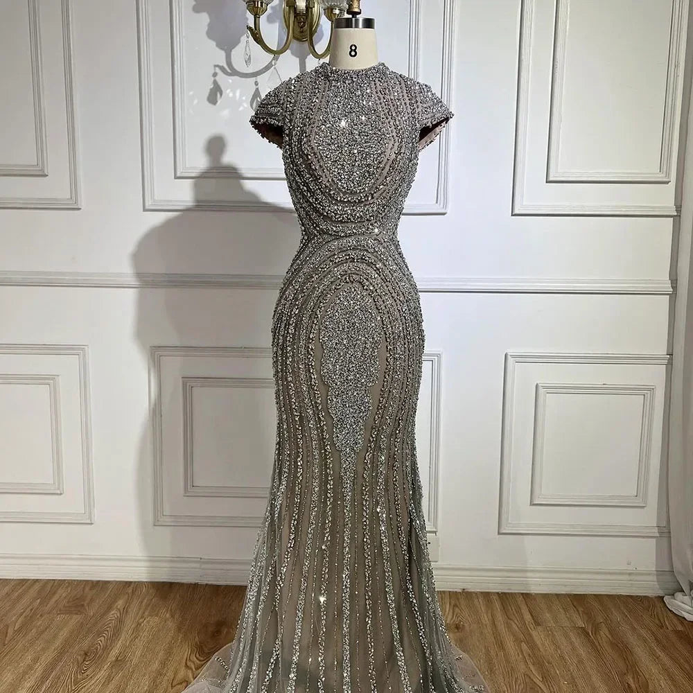 Custom Gray Beaded Mermaid Luxury Evening Gown With Cap Sleeves