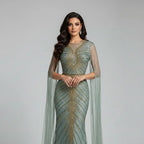 Serene Hill Caramel Beaded Mermaid Evening Gown With Cape Sleeves For Women