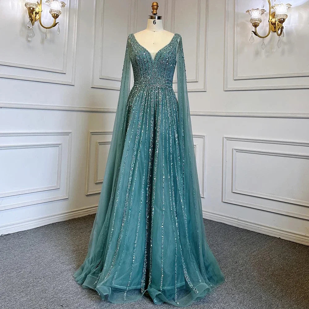 Luxury Custom Pink A Line Beaded Cape Sleeve Evening Dress Women Wedding
