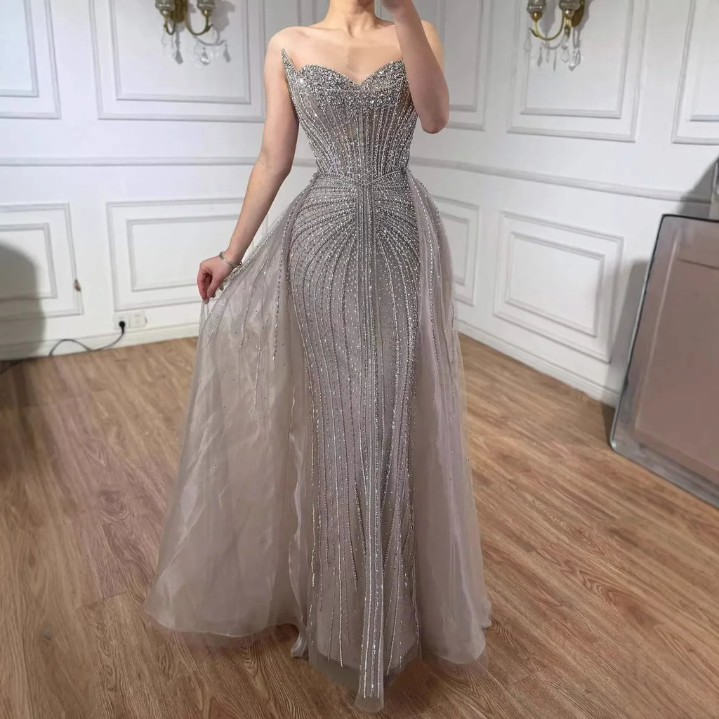 Strapless Caramel Beaded Tulle Evening Dress Sweetheart Formal Gown