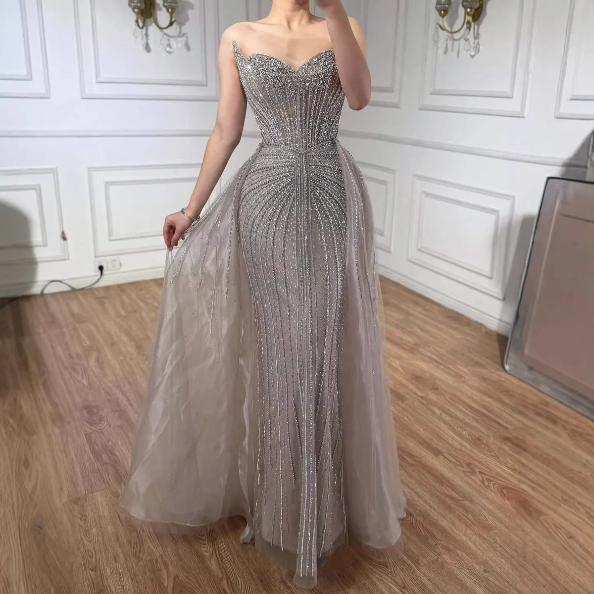 Strapless Caramel Beaded Tulle Evening Dress Sweetheart Formal Gown