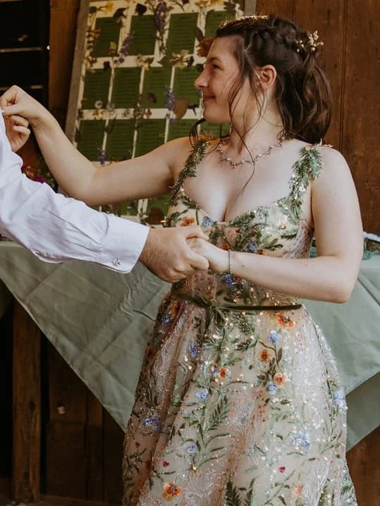 Custom Bling V Neck Grey Sequin Floral Embroidery Wedding Dress