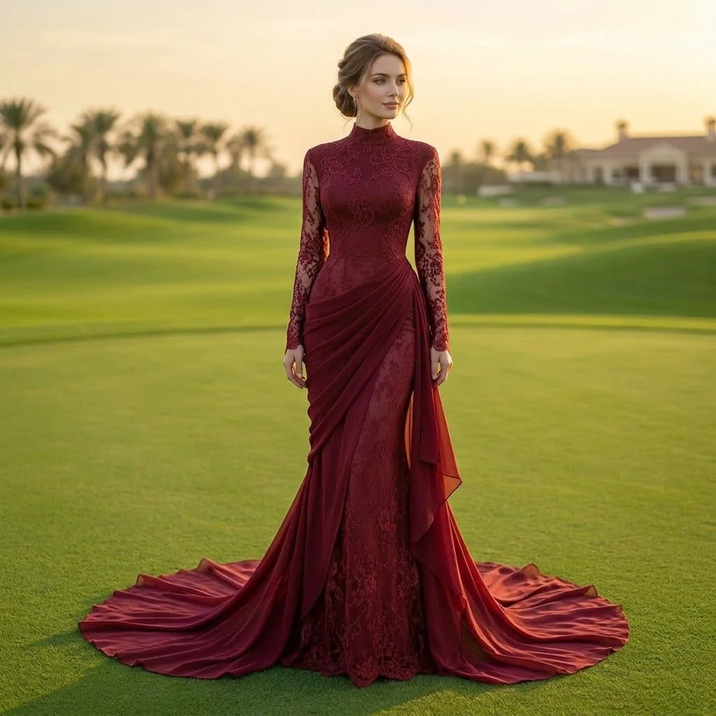 Customized Wine Red Mermaid Evening Dress With Lace Formal Party Gown