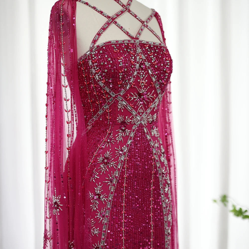 Sharon Said Luxus Dubai Aqua Flieder Meerjungfrau Abendkleid mit Umhangärmel und Überkreuzung Damen Hochzeitsfestkleid SS391 Maßgeschneidert