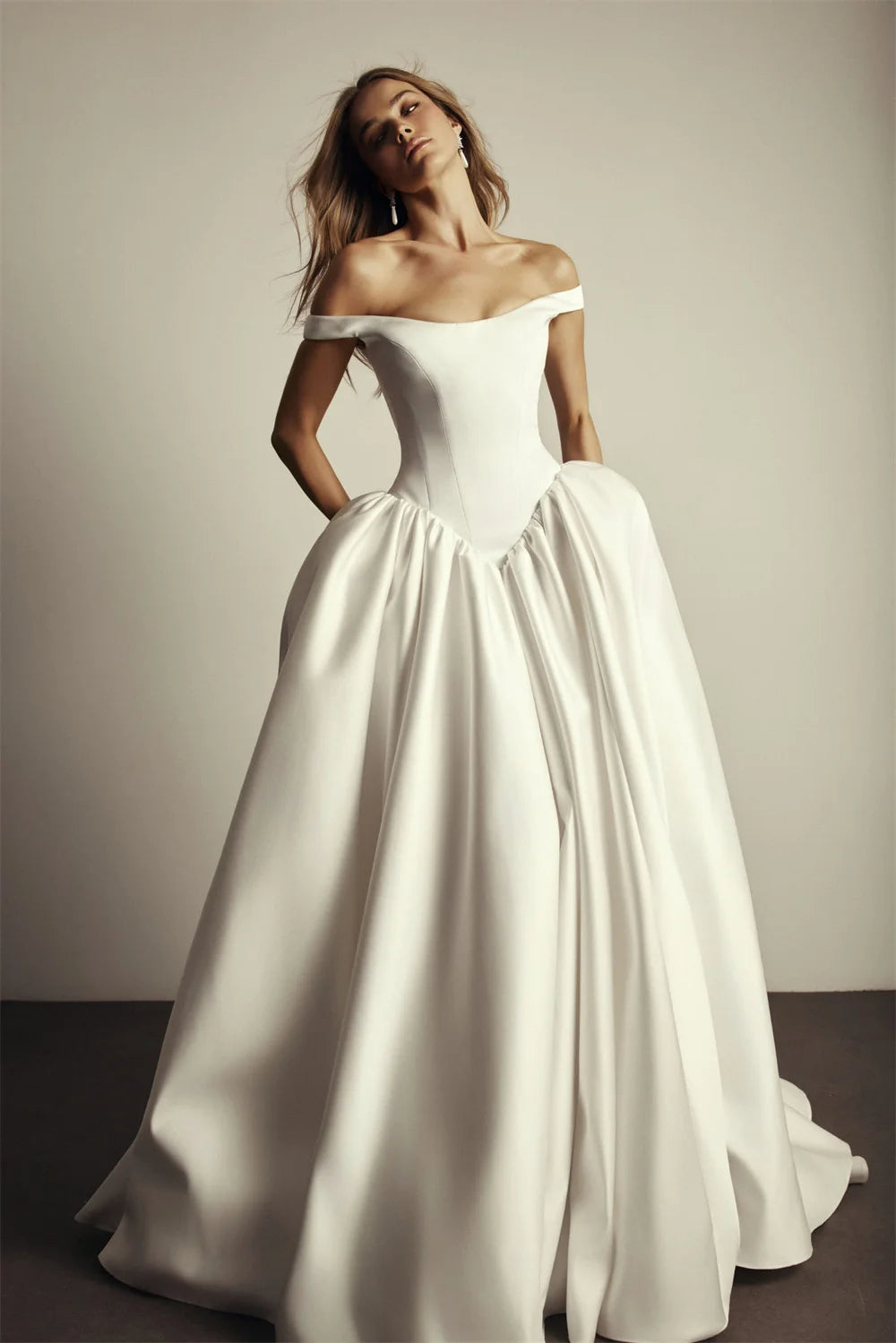 Kyoto Custom White Satin Off Shoulder A Line Wedding Dress With Court Train