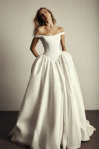 Kyoto Custom White Satin Off Shoulder A Line Wedding Dress With Court Train