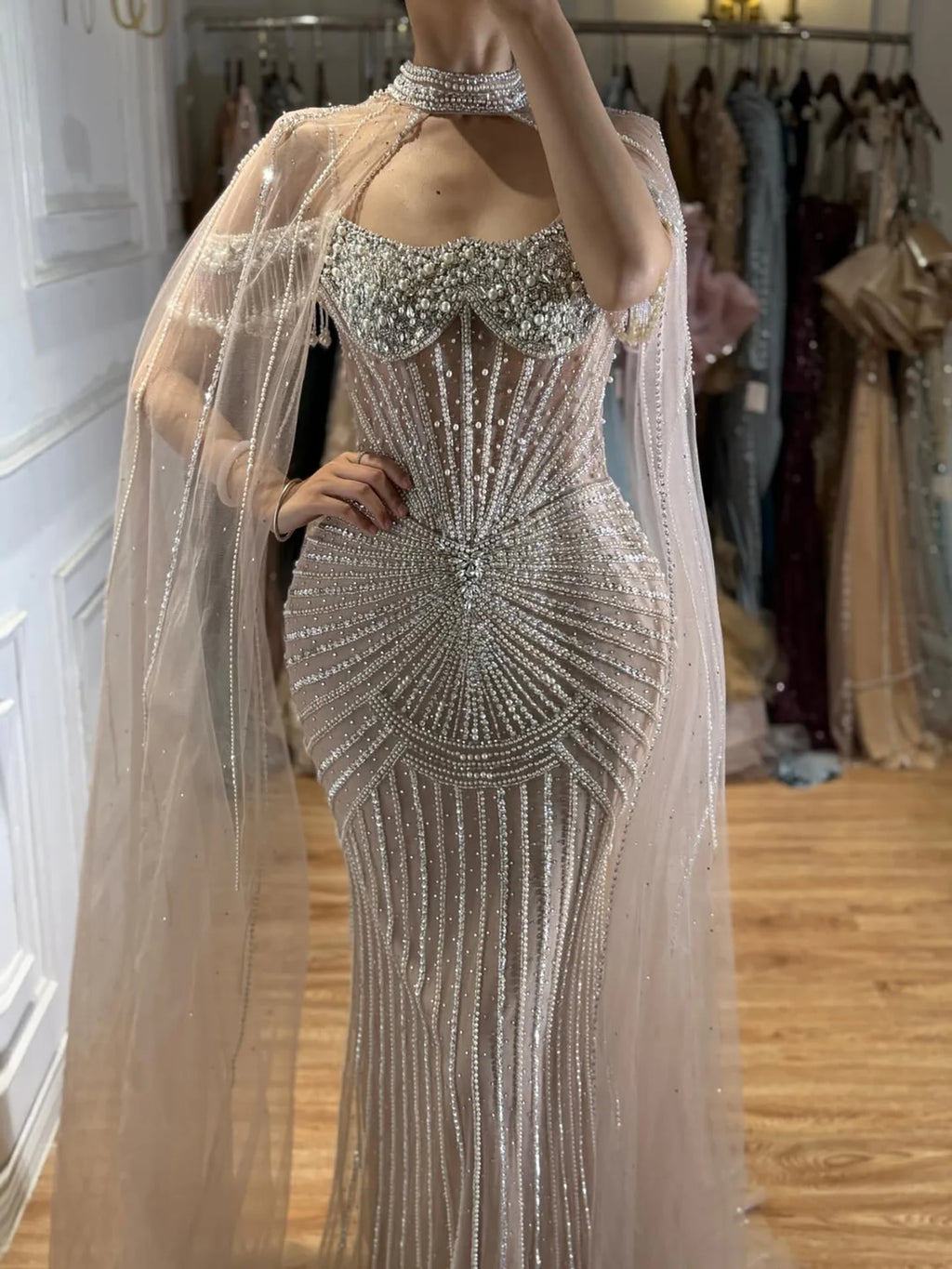 Serene Hill Caramel Pearl Beaded Mermaid Evening Gown With Sheer Cape