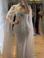 Serene Hill Caramel Pearl Beaded Mermaid Evening Gown With Sheer Cape