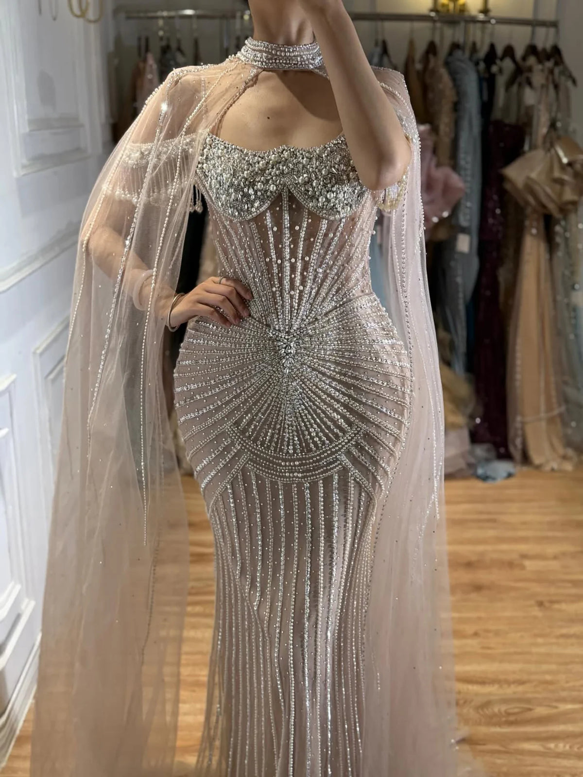 Serene Hill Caramel Pearl Beaded Mermaid Evening Gown With Sheer Cape