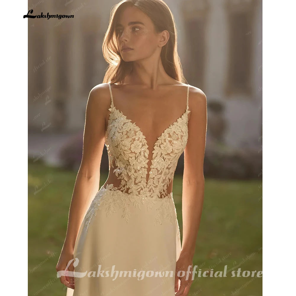 Lakshmigown Bohemian A Line Wedding Dress With Lace V Neck And Cape