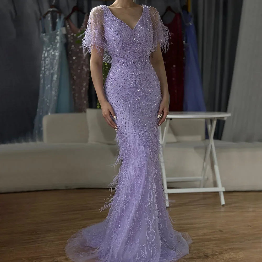 Serene Hill Brown Mermaid Beaded Feathers Evening Dresses Elegant Party Gowns for Women DLA71323 Customized