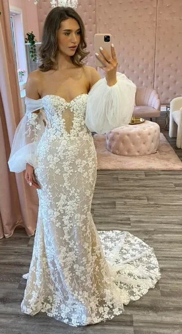 Custom Mermaid Wedding Dress Lantern Sleeves Beaded Tulle Chapel Train