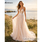 Champagne Boho Lace Bridal Gown Custom A Line With Spaghetti Straps