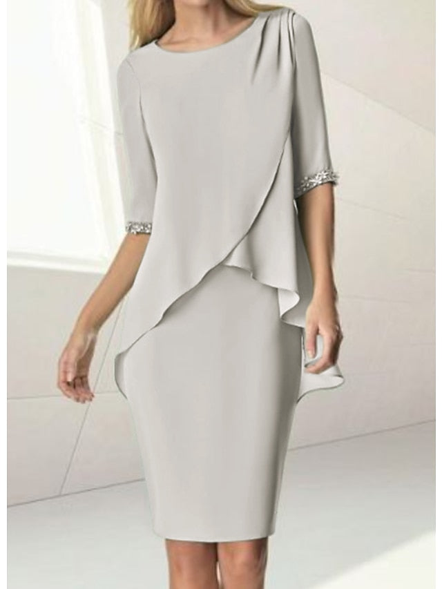 Knee Length Beaded Sheath Dress With Ruching For The Mother Of The Bride