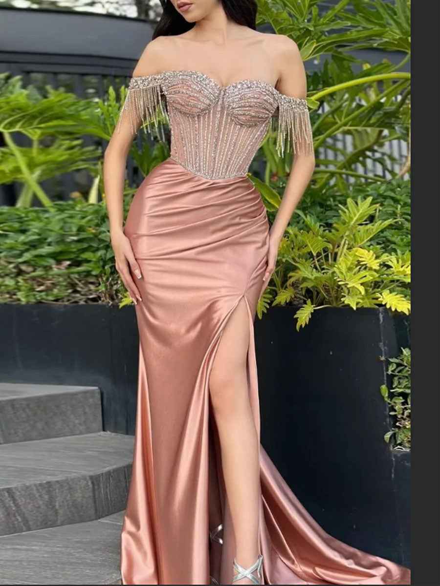 Sheath Satin Rhinestone Off Shoulder Corset Evening Dress