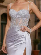 Lavender Satin Spaghetti Strap Corset Dress With Ap