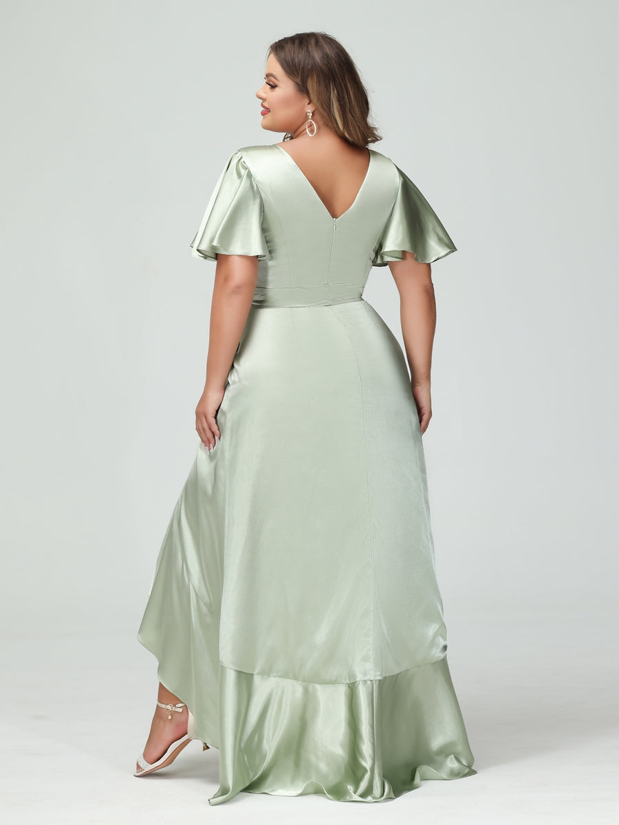 Plus Size Silk Satin V Neck Sheath Dress With Pockets Sash And Ruffles