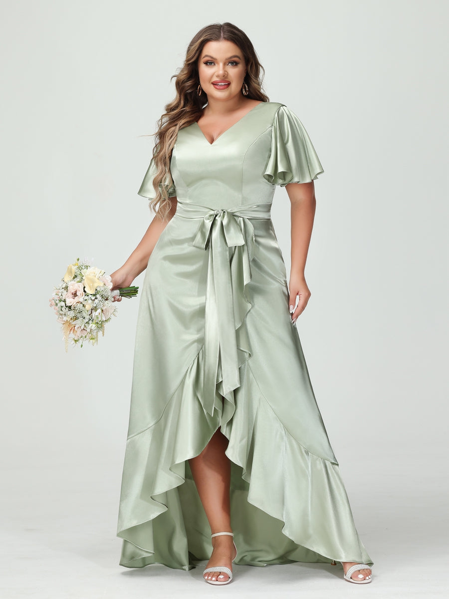 Plus Size Silk Satin V Neck Sheath Dress With Pockets Sash And Ruffles