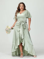 Plus Size Silk Satin V Neck Sheath Dress With Pockets Sash And Ruffles