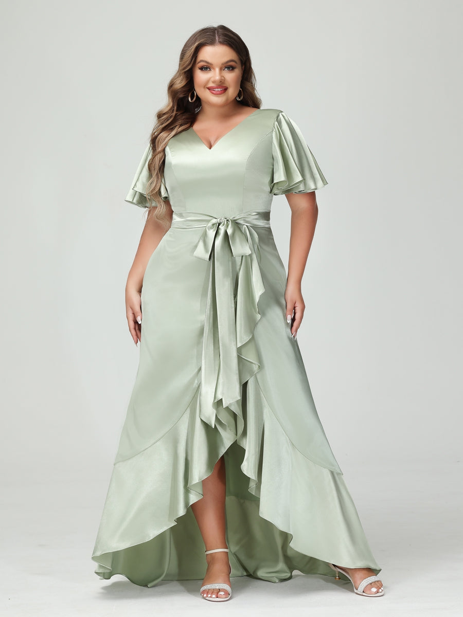 Plus Size Silk Satin V Neck Sheath Dress With Pockets Sash And Ruffles