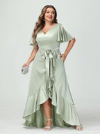 Plus Size Silk Satin V Neck Sheath Dress With Pockets Sash And Ruffles
