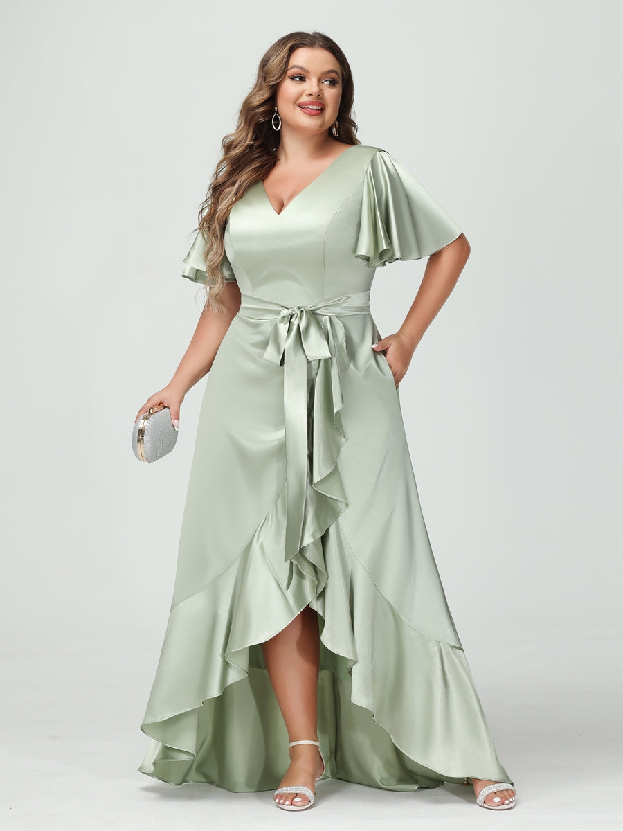 Plus Size Silk Satin V Neck Sheath Dress With Pockets Sash And Ruffles
