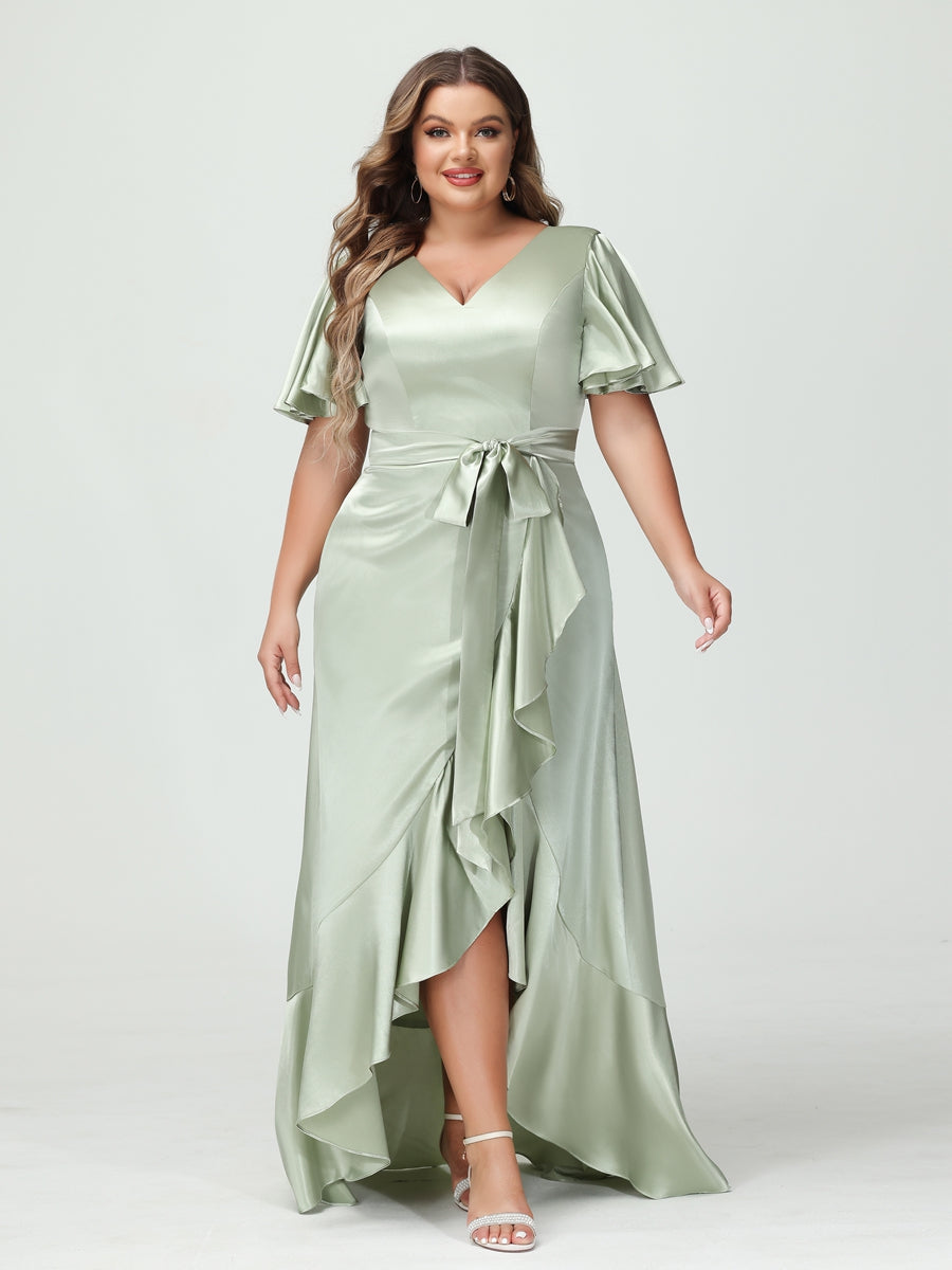 Plus Size Silk Satin V Neck Sheath Dress With Pockets Sash And Ruffles