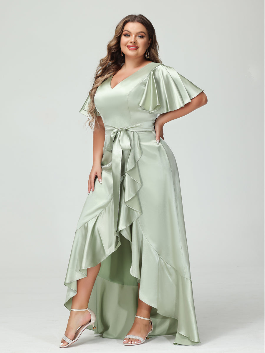 Plus Size Silk Satin V Neck Sheath Dress With Pockets Sash And Ruffles