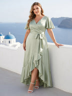 Plus Size Silk Satin V Neck Sheath Dress With Pockets Sash And Ruffles