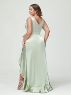 Plus Size V Neck Sleeveless Sheath Dress With Ruffles Pockets Sash