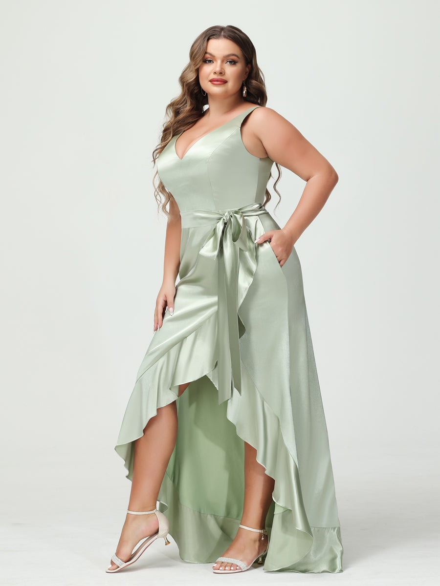 Plus Size V Neck Sleeveless Sheath Dress With Ruffles Pockets Sash