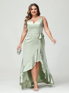 Plus Size V Neck Sleeveless Sheath Dress With Ruffles Pockets Sash