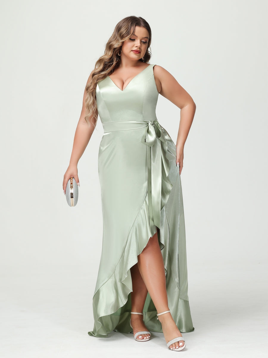 Plus Size V Neck Sleeveless Sheath Dress With Ruffles Pockets Sash