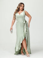 Plus Size V Neck Sleeveless Sheath Dress With Ruffles Pockets Sash