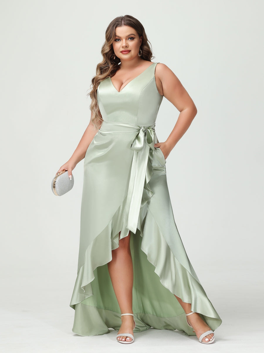 Plus Size V Neck Sleeveless Sheath Dress With Ruffles Pockets Sash