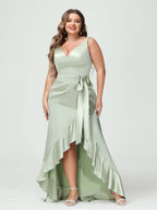 Plus Size V Neck Sleeveless Sheath Dress With Ruffles Pockets Sash
