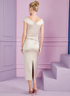 Mother of the Bride Tea Length Dress with Cowl Neck and Ruffles