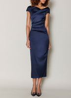 Mother of the Bride Tea Length Dress with Cowl Neck and Ruffles
