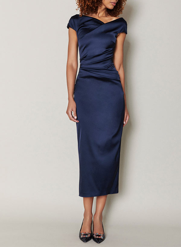 Mother of the Bride Tea Length Dress with Cowl Neck and Ruffles