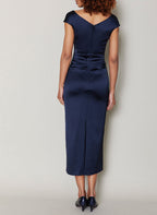 Mother of the Bride Tea Length Dress with Cowl Neck and Ruffles