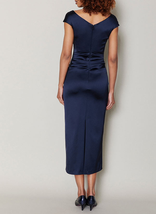 Mother of the Bride Tea Length Dress with Cowl Neck and Ruffles