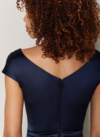 Mother of the Bride Tea Length Dress with Cowl Neck and Ruffles