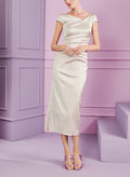Mother of the Bride Tea Length Dress with Cowl Neck and Ruffles