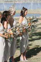 Sheath Halter Neck Tea Length Bridesmaid Dresses With Side Slit