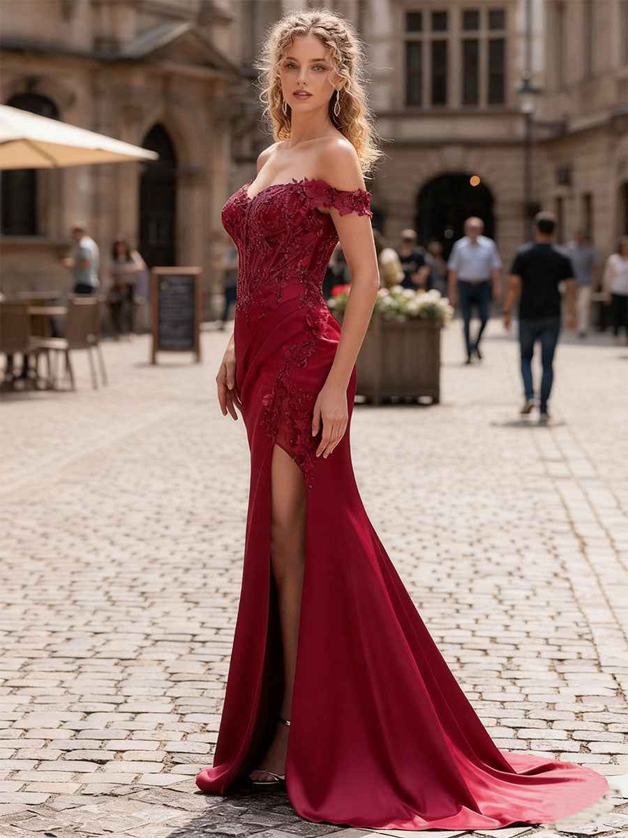 Wine Red Sheath Off The Shoulder Lace Applique Corset Prom Dress
