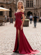 Wine Red Sheath Off The Shoulder Lace Applique Corset Prom Dress