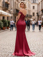 Wine Red Sheath Off The Shoulder Lace Applique Corset Prom Dress