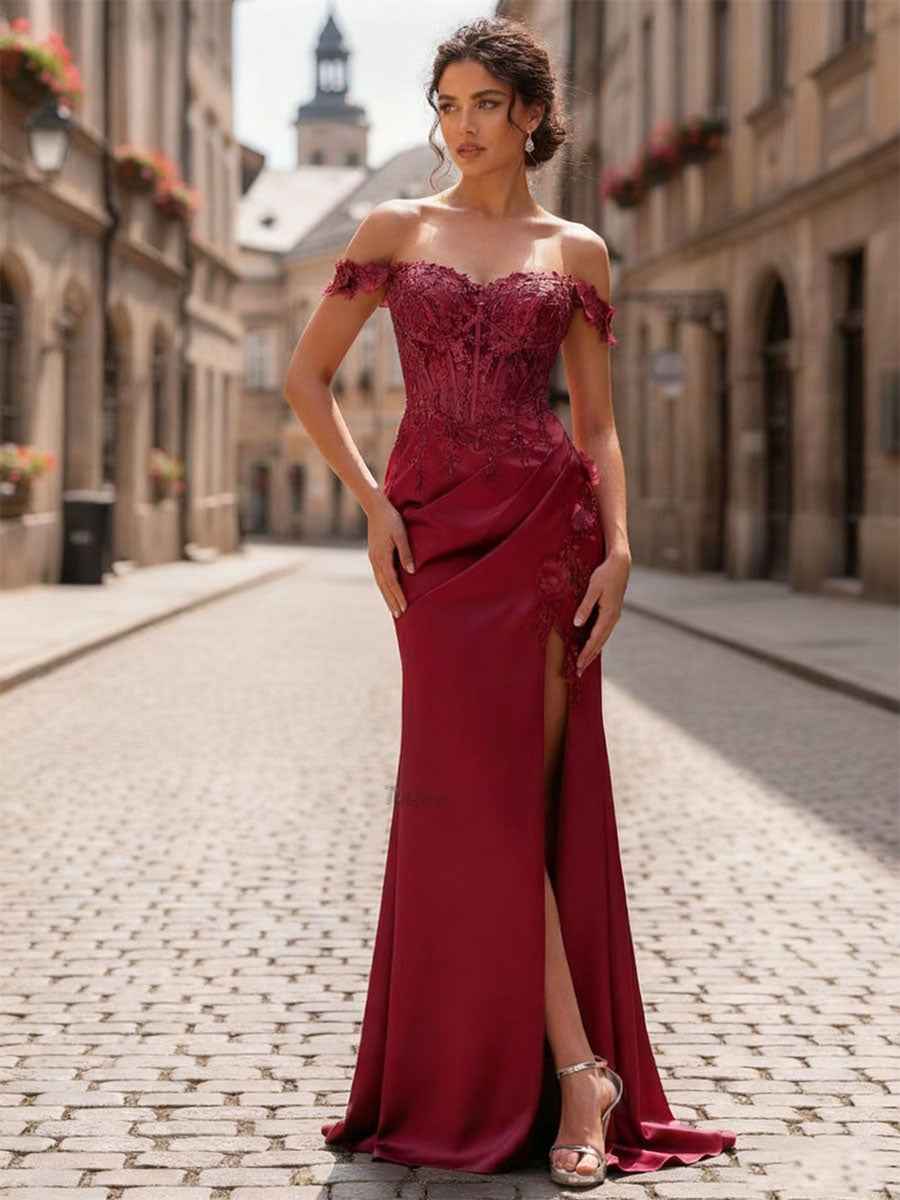 Wine Red Sheath Off The Shoulder Lace Applique Corset Prom Dress